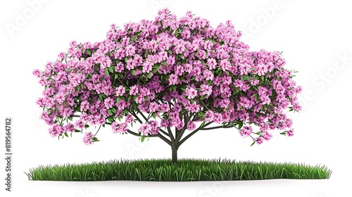 A pink flowering tree on a patch of grass.