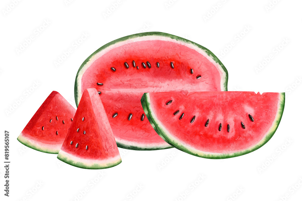 Ripe watermelon slices of different shapes with seeds watercolor illustration isolated on white. Delicious organic fruits in realistic style for summer drinks and juices Ripe watermelon slices of different shapes with seeds watercolor illustration isolated on white. Delicious organic fruits in realistic style for summer drinks and juices