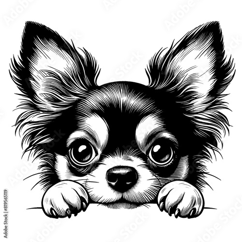 Hand drawn cute peeking Chihuahua, vector sketch isolated on transparent background.	