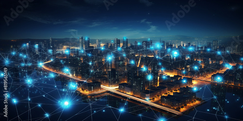 Digital city at night. Illuminated by lights. Data smart link .