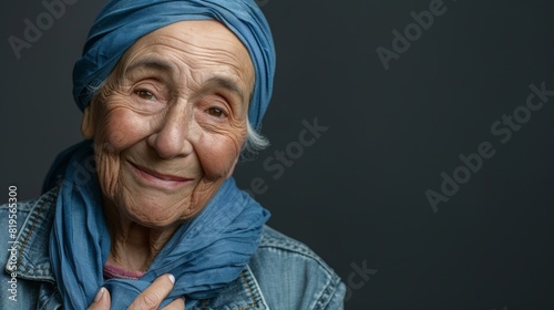 A Smiling Elderly Woman in Headscarf photo