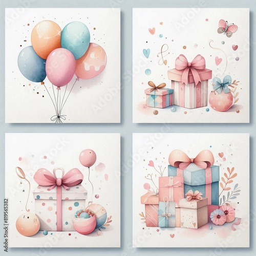 set of colorful birthday card with gifts and balloons, happy birthday © Polina