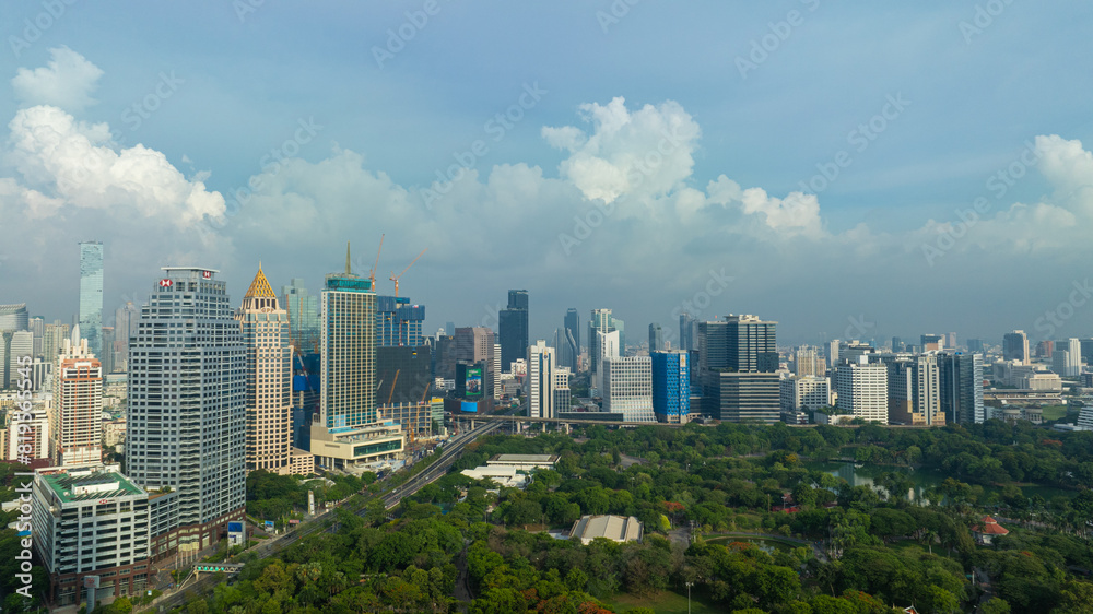 Aerial view city office building with green public park Aerial view city office building with green public park