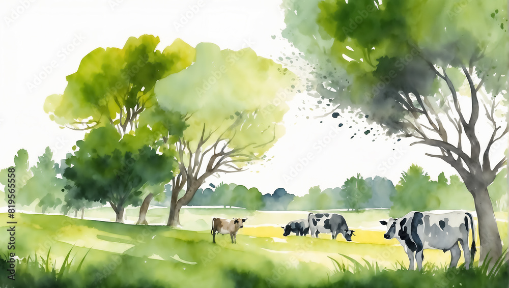 Cows grazing by a river in a green landscape. Watercolor illustration ...