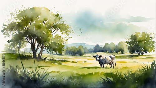 Cows grazing by a river in a green landscape. Watercolor illustration of a pastoral scene with trees and cattle. Countryside and nature concept.
