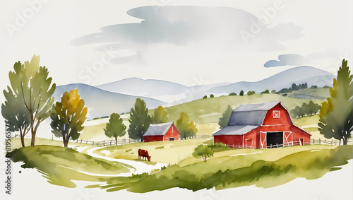 Cows grazing by a river in a green landscape. Watercolor illustration of a pastoral scene with trees and cattle. Countryside and nature concept.