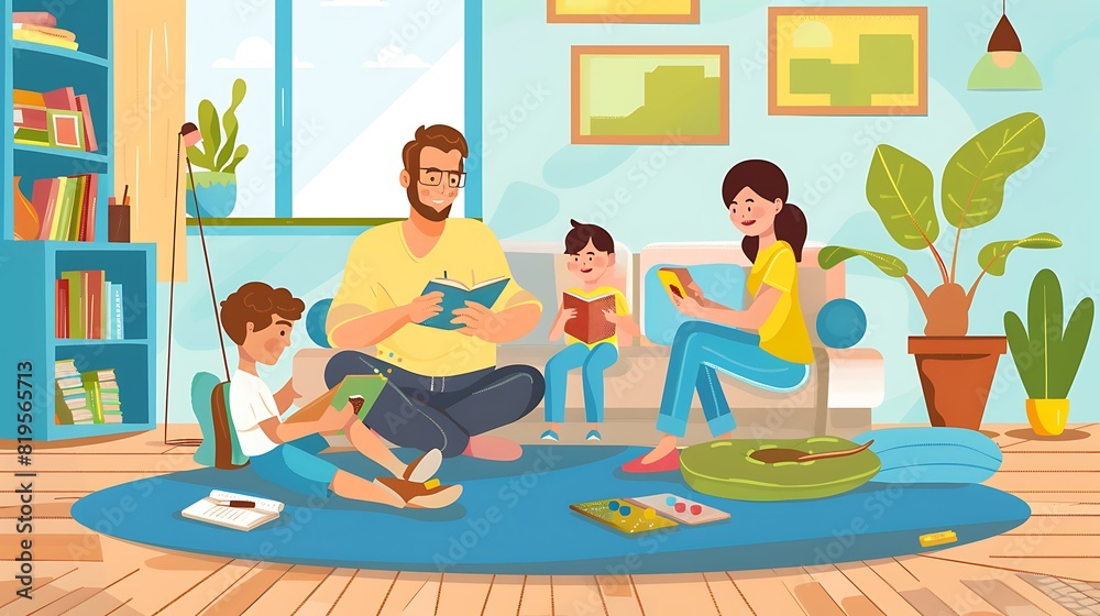 Cozy Family Fun: Mom and Dad Engaging Kids in Educational Games in Playful Living Room Setting at Noon Cozy Family Fun: Mom and Dad Engaging Kids in Educational Games in Playful Living Room Setting at Noon