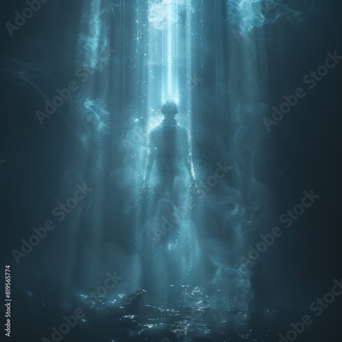 Glowing blue hologram of the outline and shape of an adult human figure floating in space on a dark background. The light is very subtle and soft, creating an ethereal effect. © callmeers