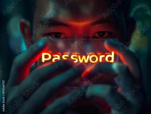Password, glowing letters in the hand, light hitting the face, generative ai art