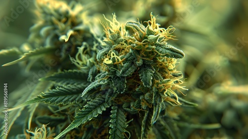 close-up of lush,vibrant cannabis buds with detailed textures and blurred background