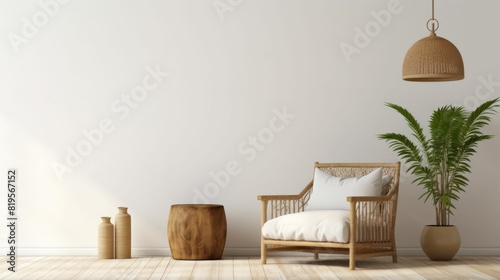 Minimalistic interior design. Stylish living room interior style with mock up frame above single sofa.