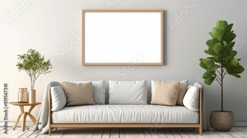 Minimalistic interior design. Stylish living room interior style with mock up frame above single sofa.