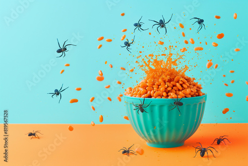 Spooky fun bugs spiders baked beans exploding imid air floating  from Halloween trick or treat candy bowl with splashing spraying in modern concept creative party campaign aqua orange background mock  photo