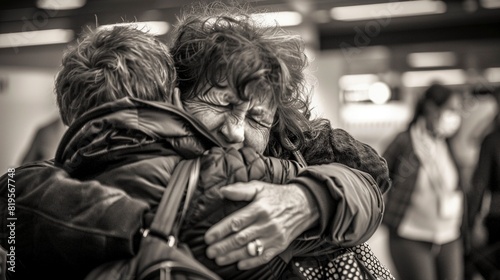 Emotivo reencuentro en blanco y negro de dos personas abrazándose con fuerza, mostrando emoción y alegría en una estación concurrida