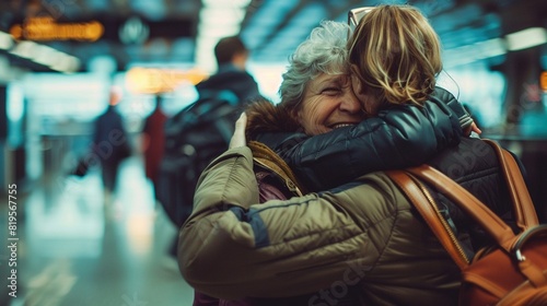 Emotivo reencuentro de dos mujeres abrazándose con alegría en una estación de tren, mostrando cariño y felicidad en un entorno concurrido photo