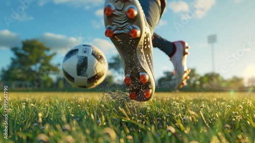 Close-up of a Leg in a Boot Kicking Football Ball. Professional Soccer Player Hits Ball