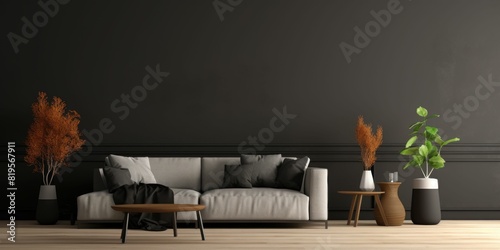 Modern cozy mock up interior decoration in a dark living room with wall pattern background..