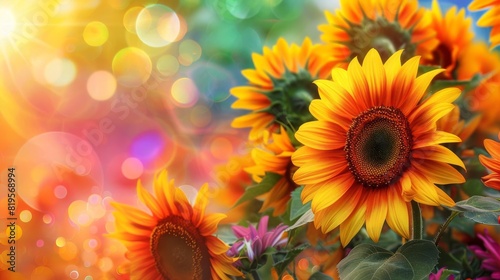 Bold sunflower pattern with rainbow elements around the edges, central area left blank for text