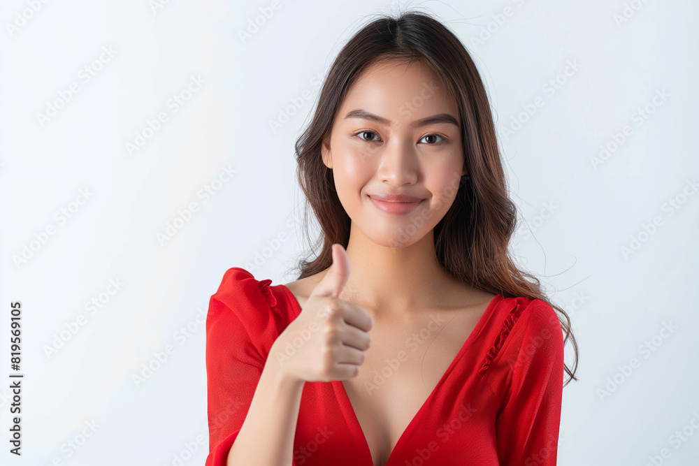 Beautiful Thai woman wearing a red dress gives a thumbs up, isolate on white background. Beautiful Thai woman wearing a red dress gives a thumbs up, isolate on white background.