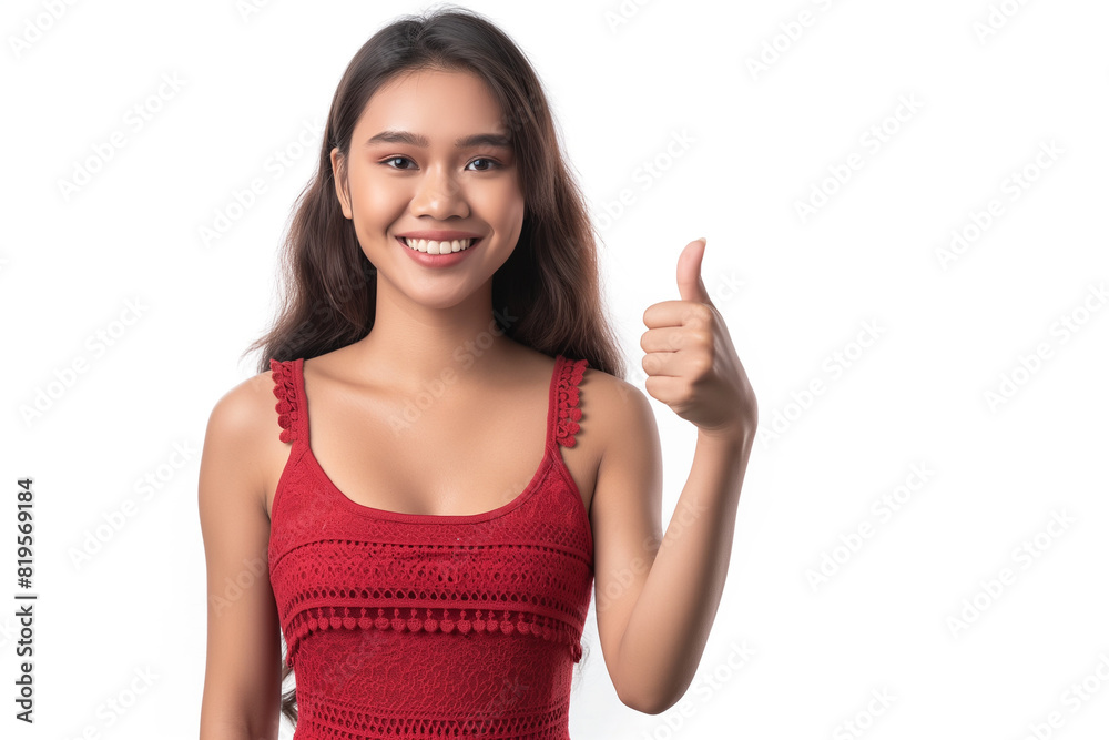 Beautiful Thai woman wearing a red dress gives a thumbs up, isolate on white background. Beautiful Thai woman wearing a red dress gives a thumbs up, isolate on white background.