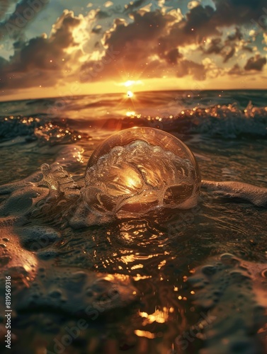 medusa pequeÃ±a nadando al amanecer, fotografÃ­a medusa en el mar y el cielo photo