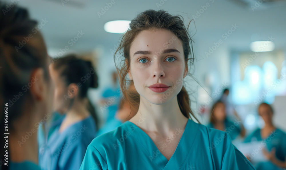 Fototapeta premium A young student stands in a hospital in a medical uniform, while her classmates conduct a group discussion in the background.