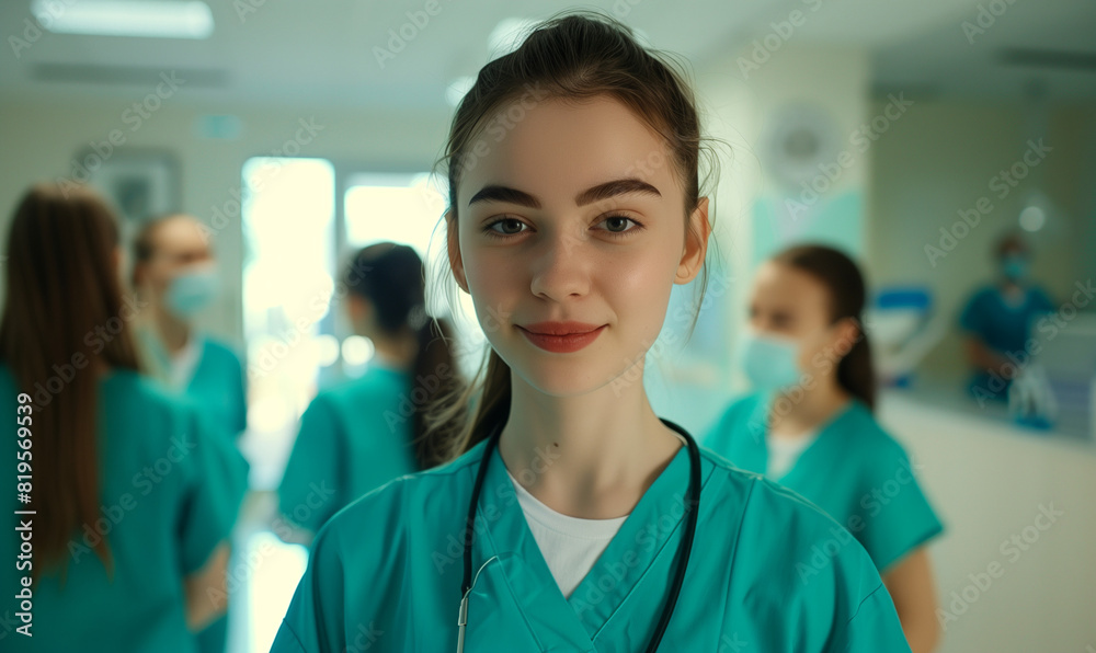 Fototapeta premium A young student stands in a hospital in a medical uniform, while her classmates conduct a group discussion in the background.
