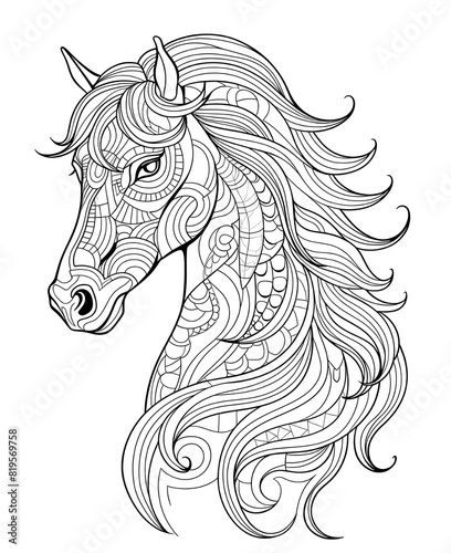 Hand drawn zentangle horse for adult coloring page, art therapy, mandala coloring pages for stress free, stress relief