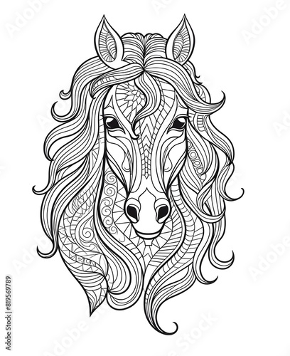 Hand drawn zentangle horse for adult coloring page, art therapy, mandala coloring pages for stress free, stress relief