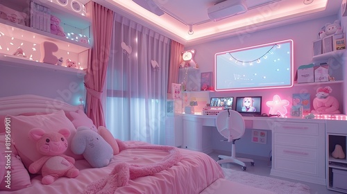 Cute girl's bedroom, with a white desk and chair, a cute pink bed with a plushie pillow on it, a wall shelf providing storage for , a lighted frame cinema projector on the ceiling, photo