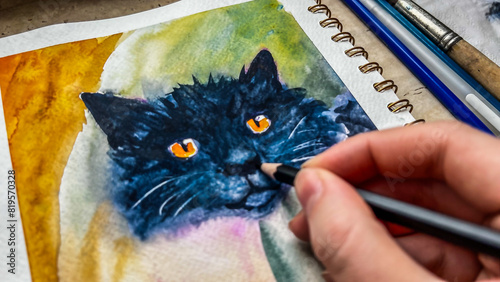 POV drawing black cat with watercolor paints and color pencil. Aquarelle sketchbook picture. Artistic hobby. Hand holding pencil hatching. Film grain texture. Soft focus. Blur
