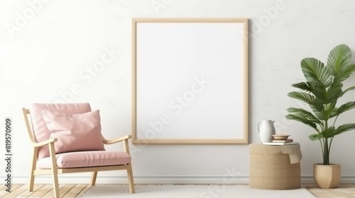 Stylish living room setup with a comfortable couch, potted plant, and a blank frame on a clean wall Mock Up. 
