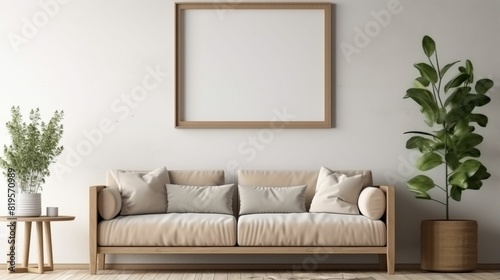 Stylish Scandinavian living room interior with design sofa, furniture, tropical plants and decoration.  © MDASHIR