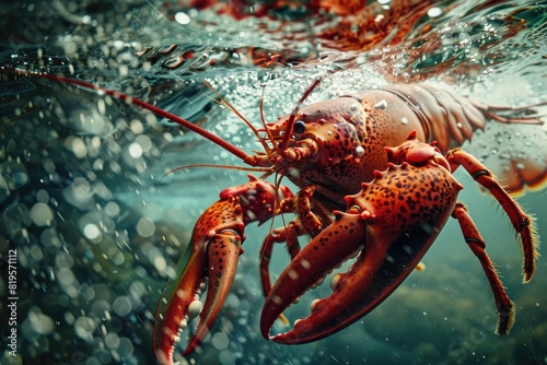 Colorful lobster underwater with bubbles