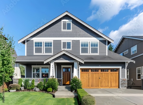 Stylish two-story house with gray walls, white trim, and wooden front door on a sunny day in the neighborhood of Blue Gardner, Washington, USA photo