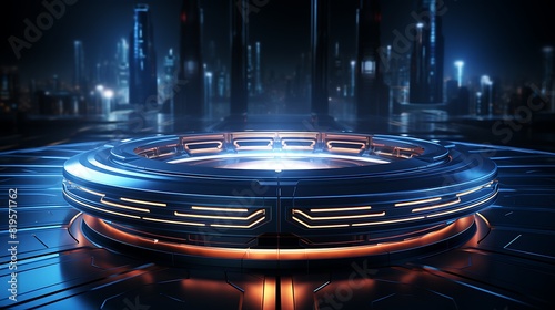 podium with a holographic interface, in a futuristic control room with neon lights, mood of high-tech efficiency