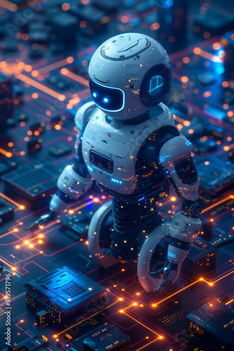 Isometric illustration of artificial intelligence and neural network featuring a robot and a woman. Perfect for web banner designs.