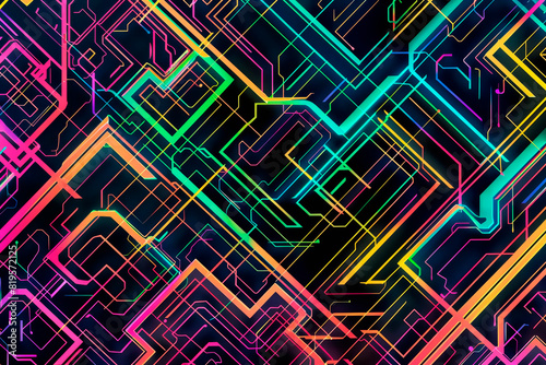 A circuitry-inspired pattern with neon-colored lines intertwining and forming intricate geometric shapes at black bacground