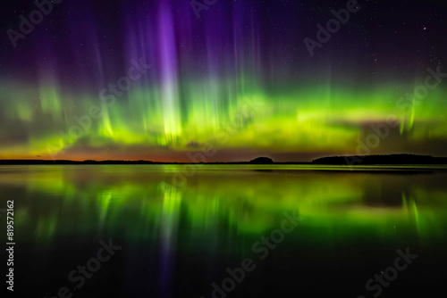Northern lights dancing over calm lake in Farnebofjarden park in north of Sweden.