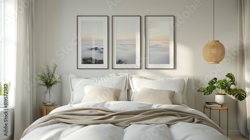 Design a serene bedroom with a focal point of whiteframed landscape photographs above the bed photo