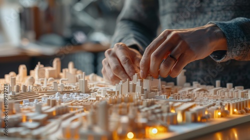 An architects hands precisely adjust a scale model of a cityscape in a minimalist closeup illuminated and centered on the model and hands, Generated by AI