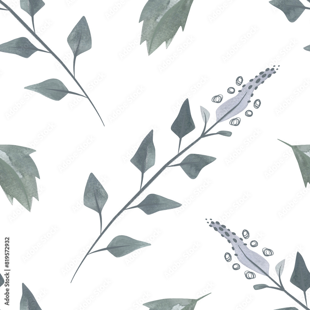 Flowering twigs and leaves of mint or lemon balm in a dusty green color in sketch style. Seamless watercolor pattern for fabric, wallpaper, wrapping paper, packaging cosmetics, tablecloths, curtains Flowering twigs and leaves of mint or lemon balm in a dusty green color in sketch style. Seamless watercolor pattern for fabric, wallpaper, wrapping paper, packaging cosmetics, tablecloths, curtains