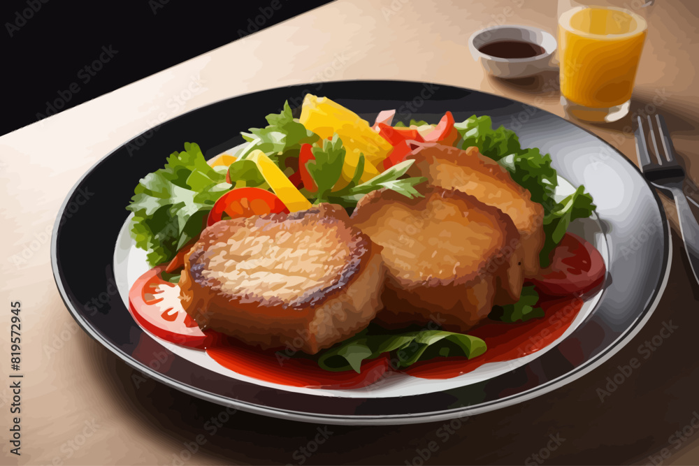 Fried pork white plate restaurant illustration Fried pork white plate restaurant illustration
