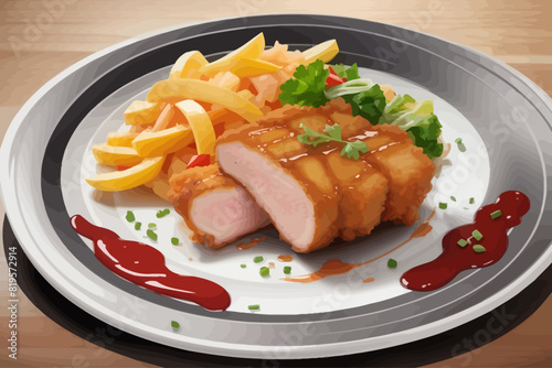 Fried pork white plate restaurant illustration