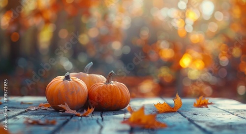 features the serene beauty of autumn  showcasing pumpkins  fallen leaves  sunlit forest. Perfect for celebrating Halloween  Thanksgiving Day  the harvest season  and the enchanting autumn ambiance