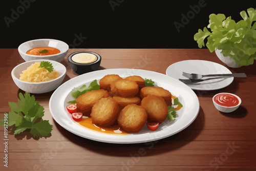 Fried pork white plate restaurant illustration