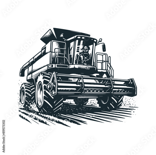 The wheat harvest truck. Black white vector logo illustration. 