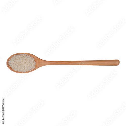 Polished white rice in the wooden spoon isolated transparent