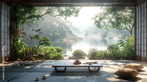 Serene oasis, traditional rocker, sleek table, soft luminosity.