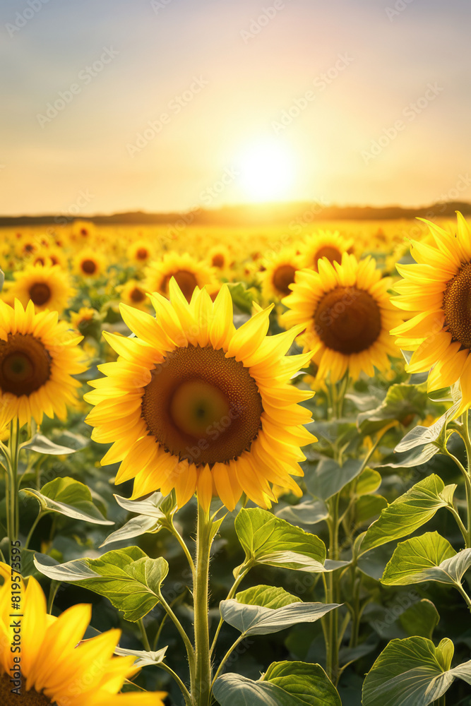 Bright yellow sunflowers and sun
